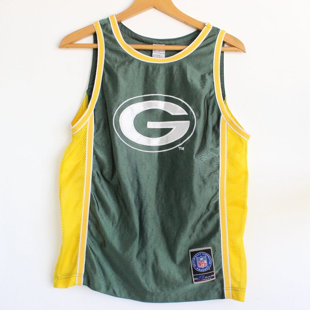 Green Bay Packer Tank  Top Jersey NFL Green Gold Youth Sz 14-16 Large 90s